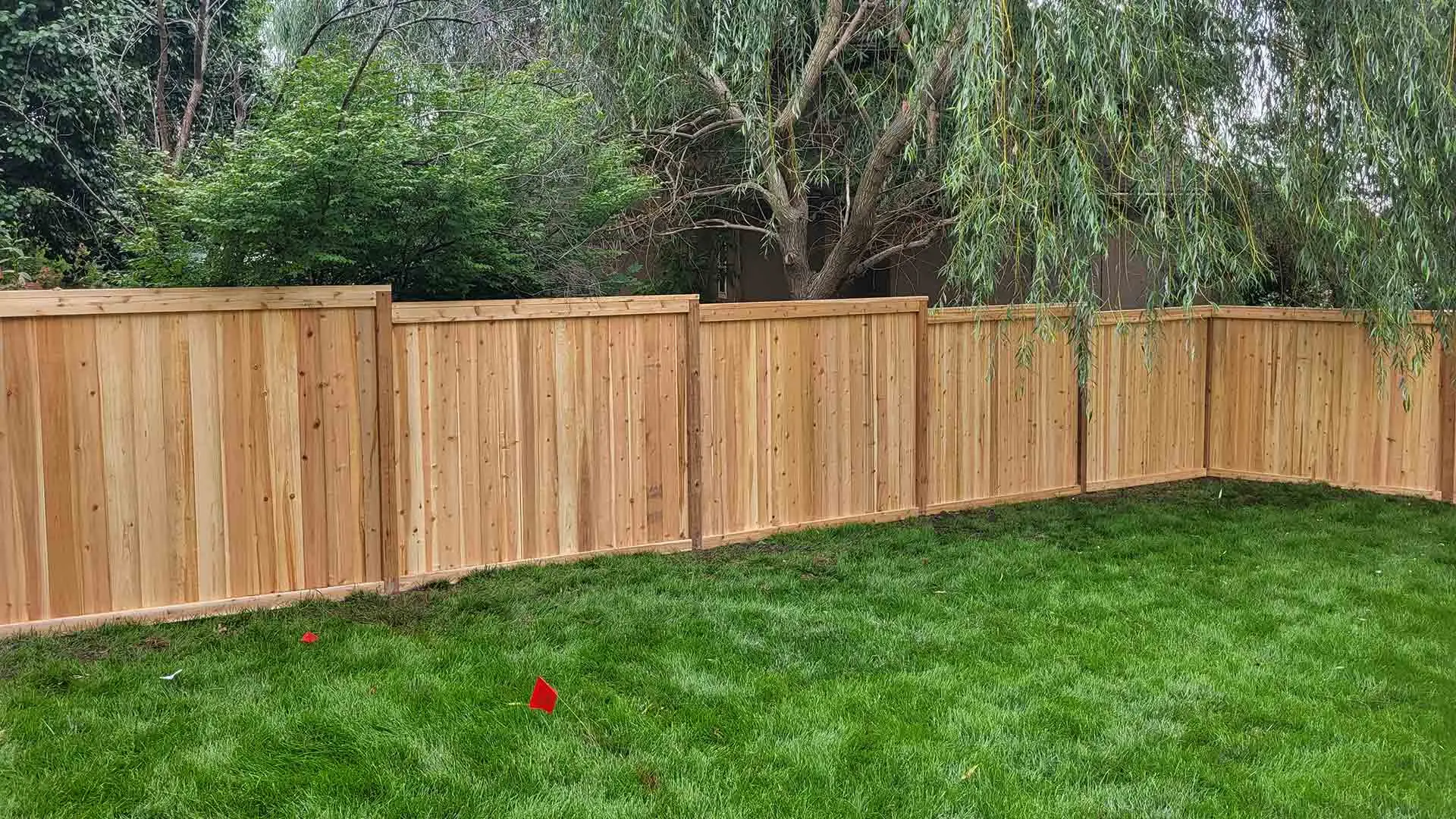 New cedar privacy fence installed along a green lawn